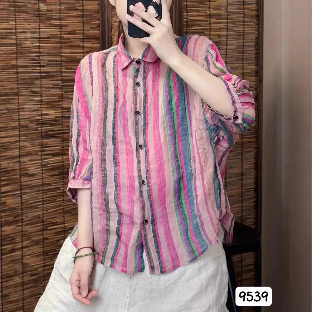 苎麻彩条纹短袖衬衫2025文艺简约翻领单排扣显瘦百搭宽松开衫上衣