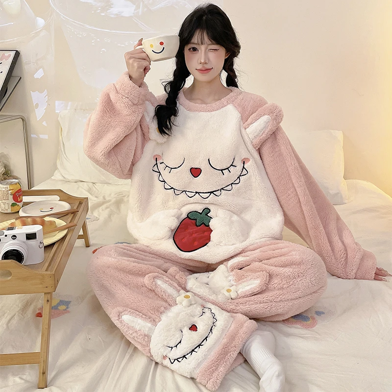 珊瑚绒睡衣女冬季卡通少女加厚加绒长毛绒保暖套装新款学生家居服