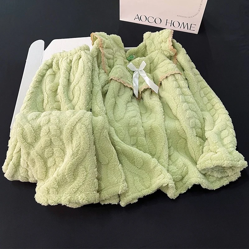 2520绒款绿色蝴蝶结套头家居服长袖长裤套装