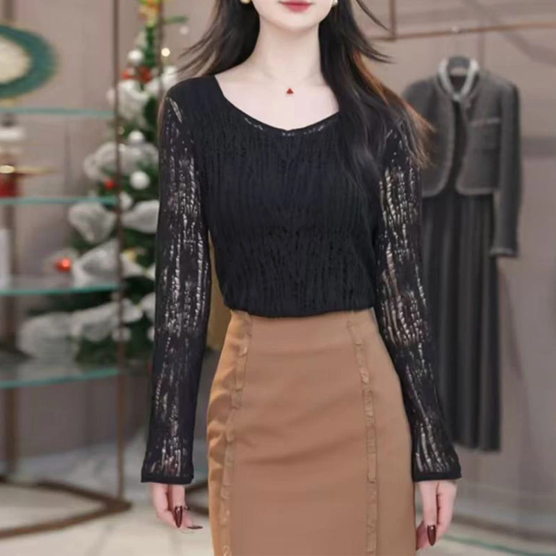 【商场同款】女装春秋百搭大V领镂空透视长袖针织衫袁衣都舍538017