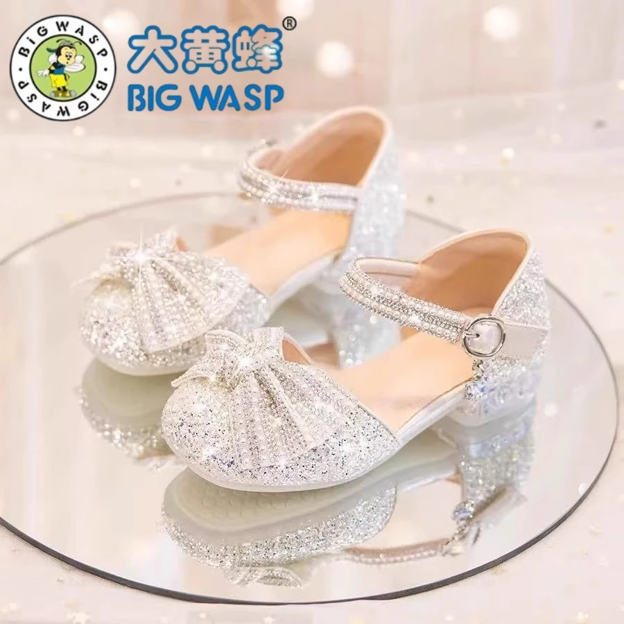 BIG WASP/大黄蜂女童公主凉鞋2025夏季儿童小女孩水晶高跟鞋皮鞋