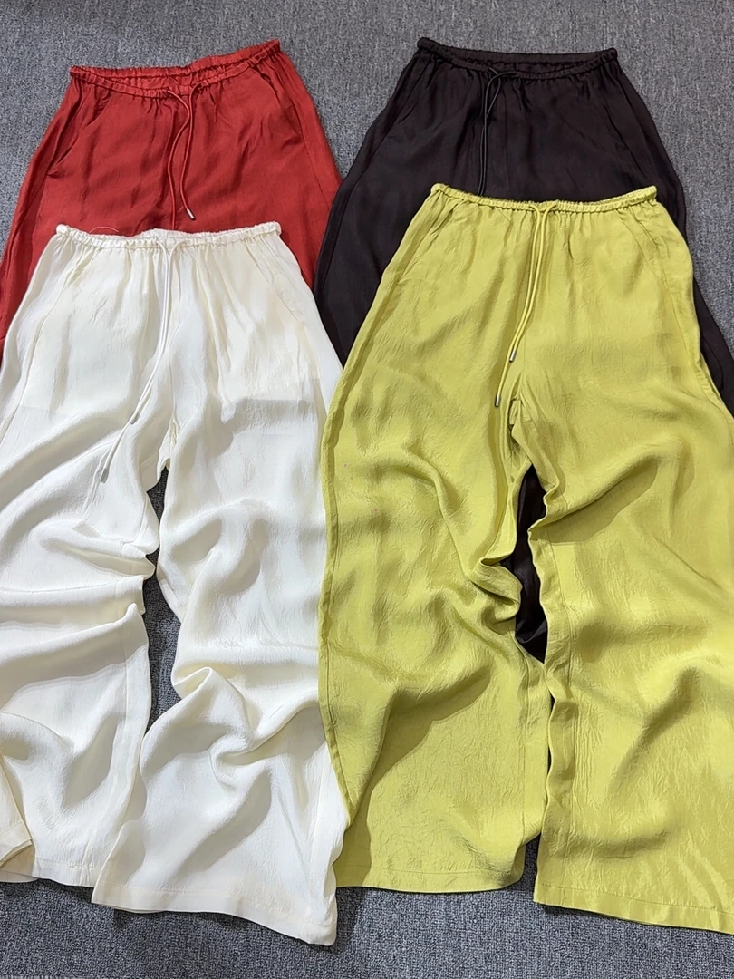 夏季新款松紧腰显瘦百搭新中式醋酸肌理感高腰垂感阔腿长裤