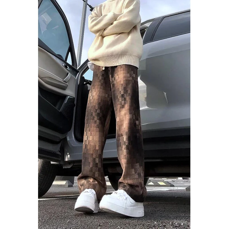 棋盘格渐变休闲裤男设计感小众慵懒日系百搭垂感宽松直筒阔腿裤子