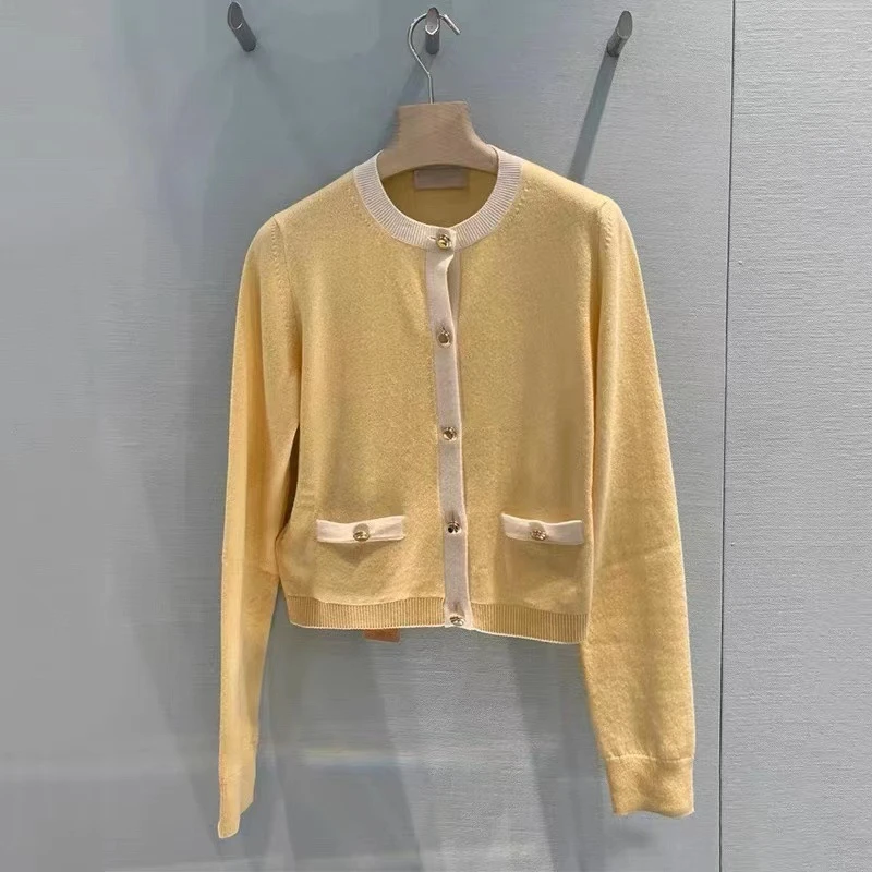 23737系小众气质圆领针织开衫上衣女拼色织边