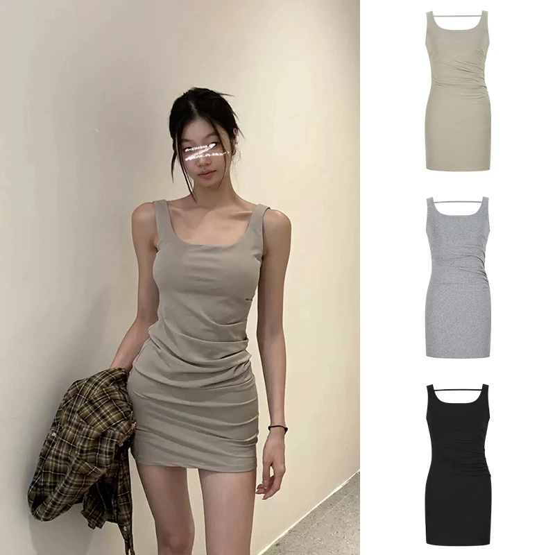 Moses Queen/魔西女王无袖U领弹力修身显瘦吊带连衣裙褶皱包臀裙