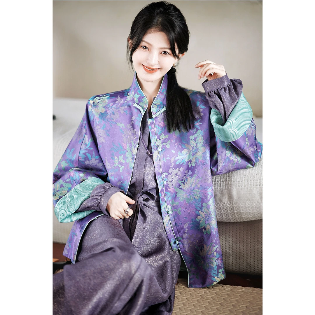 【赵大喜】非遗宋锦“紫山茶”双面国风外套 |  28姆米100真.丝宋锦