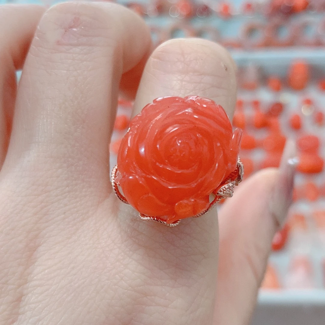 南红玛瑙戒指银S925镶嵌