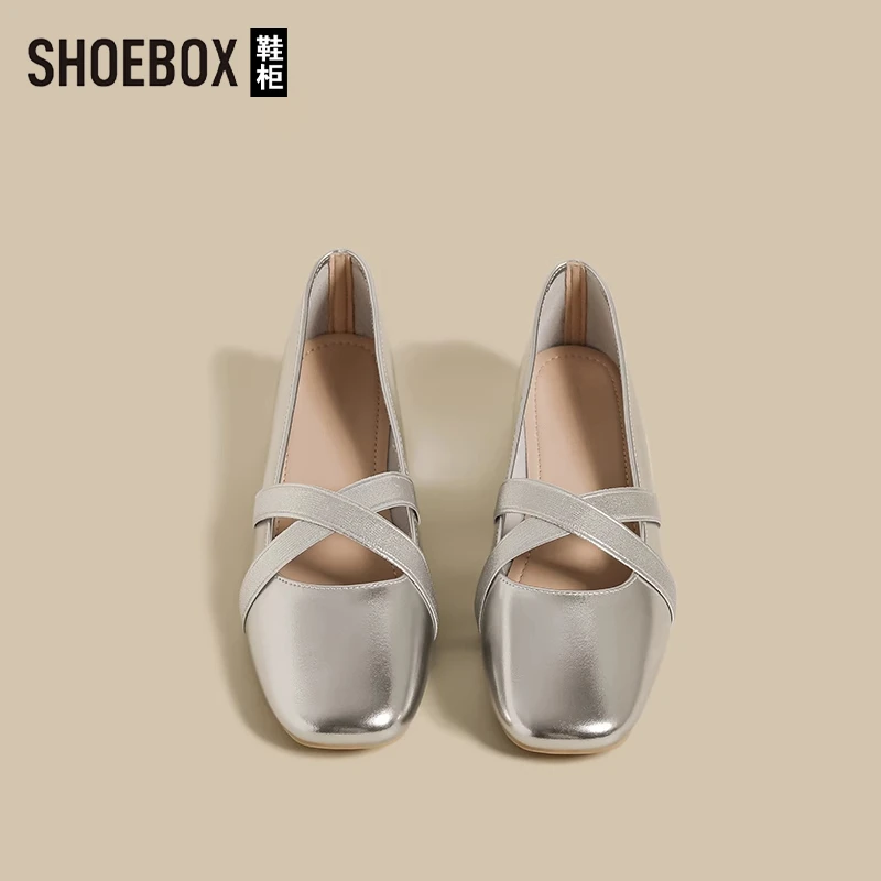达芙妮集团旗下银色单鞋女2025夏季新款平底方头交叉芭蕾玛丽珍鞋