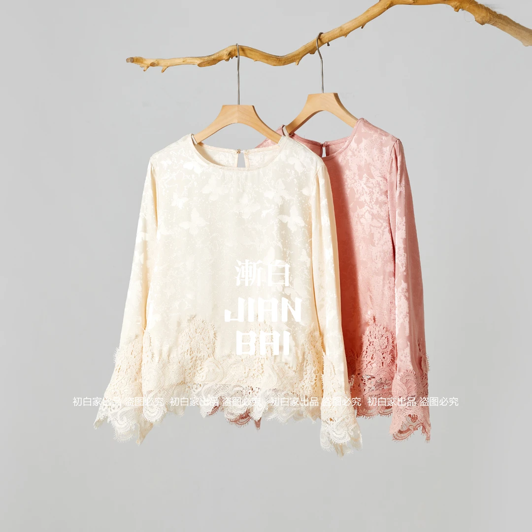 渐白【雯颖】春款蕾丝刺绣拼接圆领长袖百搭新中式国风衬衫衬衣