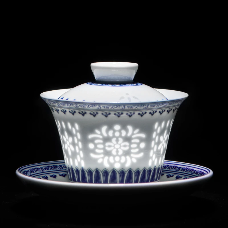 羊脂玉瓷青花玲珑瓷镂空中式家用泡茶器具可悬停三才盖碗茶具套组