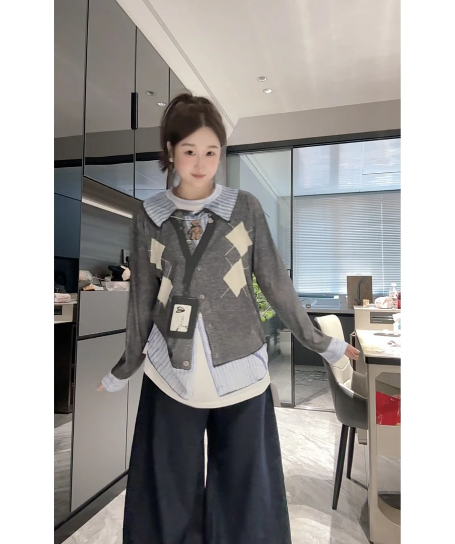 「小吴家」印花长袖T恤女2025新款修身显瘦套头复古韩系上衣