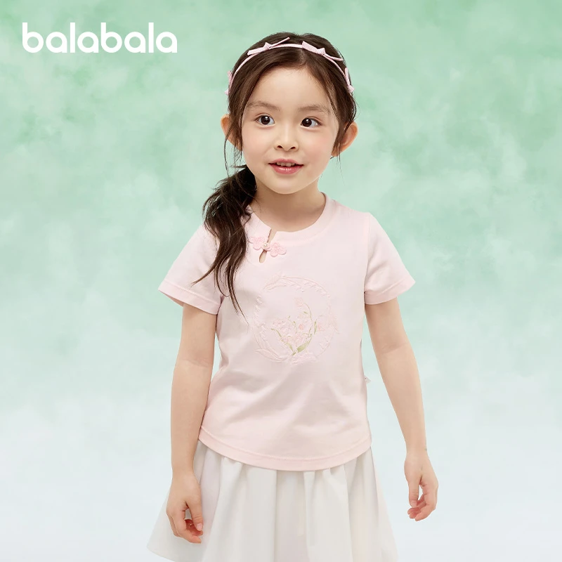 巴拉巴拉儿童短袖女童t恤2025新款夏装中大童新中式绣花上衣时尚