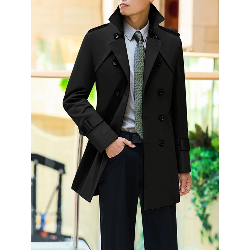 男士韩版中款春秋双排扣大衣时尚外套修身英伦小码加肥加大码风衣