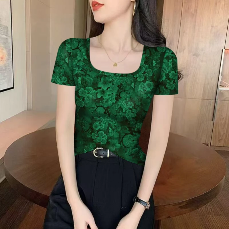 复古冰丝气质夏季薄款上衣短袖外穿小衫新款方领宽松显瘦遮肚女装