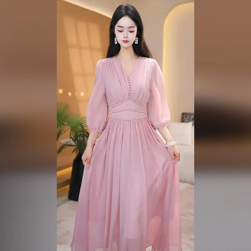 洛希v领纯色连衣裙女2025新款夏季收腰减龄淑女范高端名媛a字裙潮