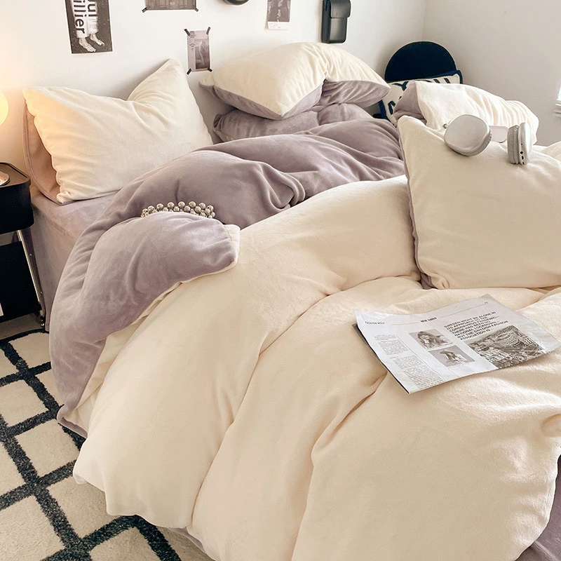 A类母婴级纯色牛奶绒四件套床笠款床单被套加厚保暖学生三件套