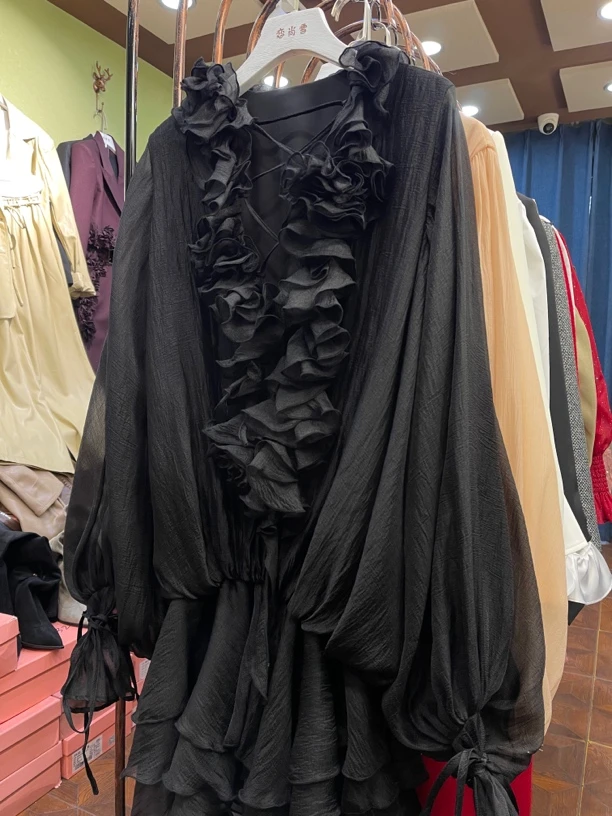 【恋尚雪】立体花朵灯笼袖设计松紧腰荷叶裙