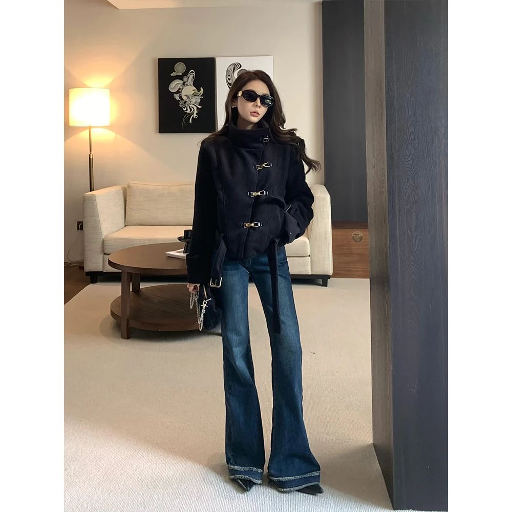 微喇裤女复古修身显瘦气质喇叭牛仔长裤植绒99378