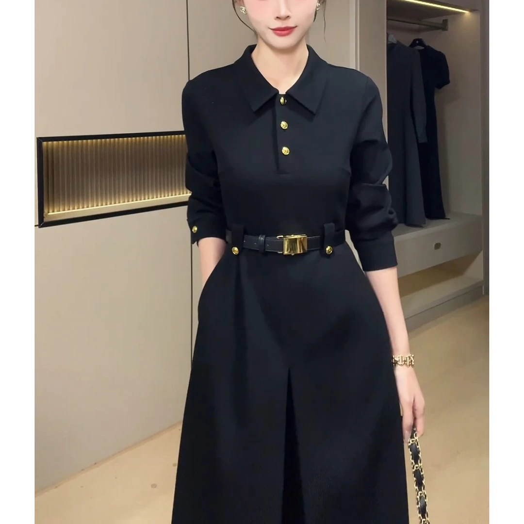 秋季新款时尚设计感长袖中长款A字裙子女复古质收腰显瘦连衣裙潮