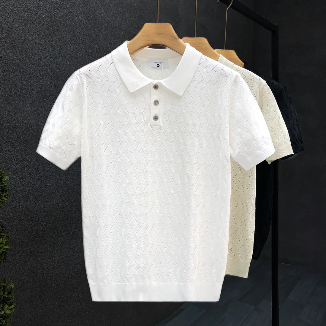 郎的设计感镂空翻领薄款短袖针织衫男春夏季半袖毛衣2025新款上衣