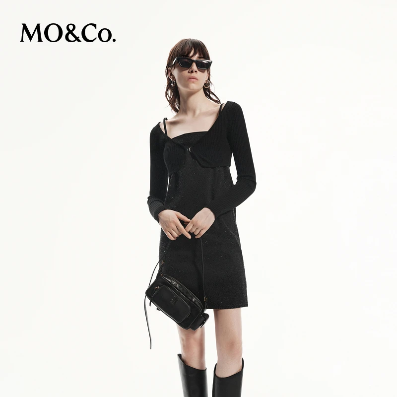 【诗语专属】MOCO秋烫钻牛仔连衣裙针织坎肩吊带裙两件套MBD3DRS005