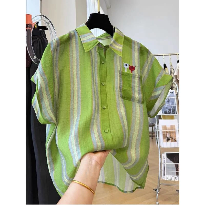 韩系撞色条纹短袖衬衫薄气质小衫茶里茶气上衣D0149