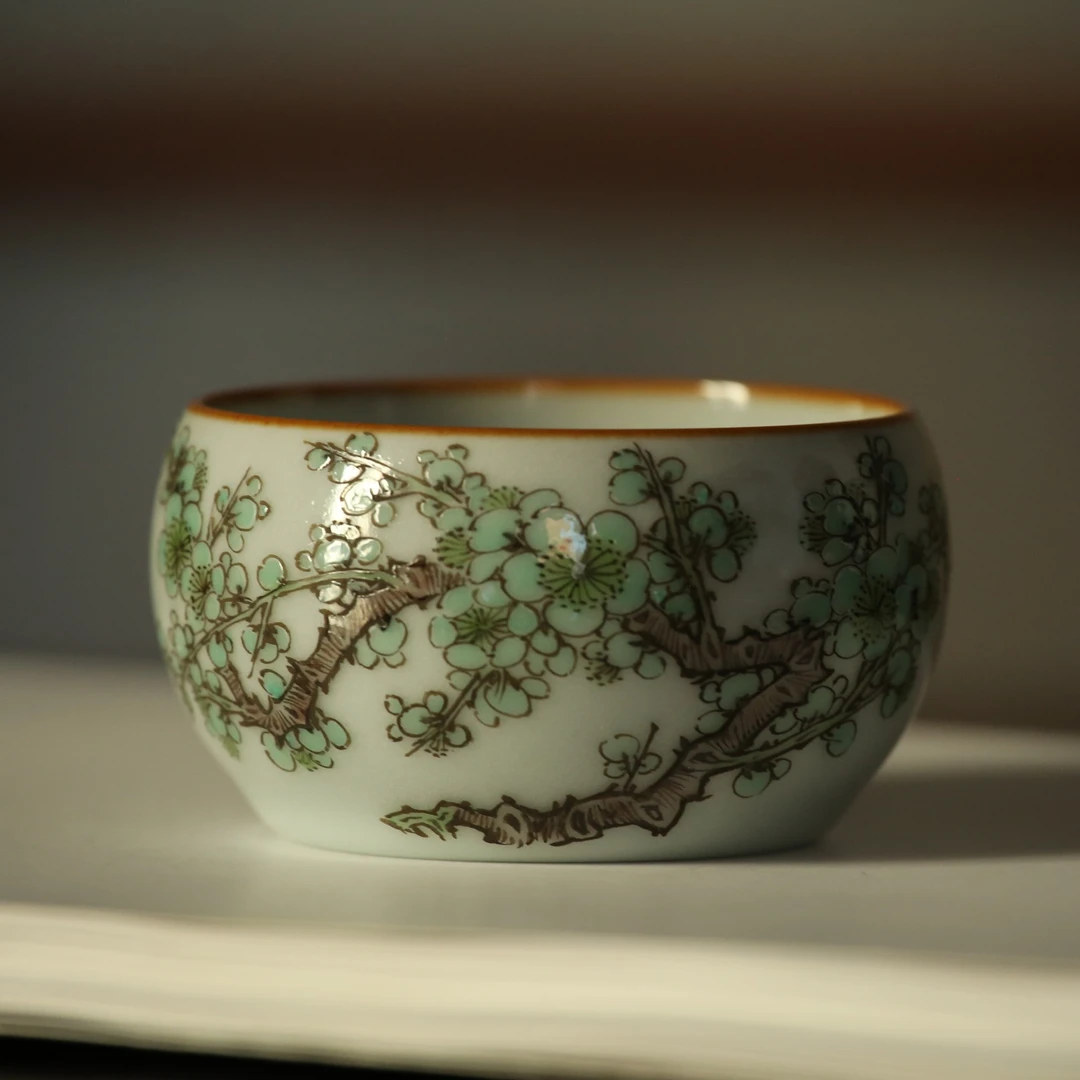 文心素器蒲石柴窑 气柴 揭金平老师古彩汝窑 流霜白绿梅小佛手杯