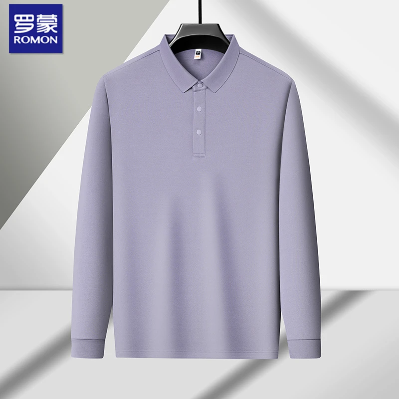 罗蒙秋季中年男士纯色含桑蚕丝透气POLO衫修身长袖宽松翻领打底衫