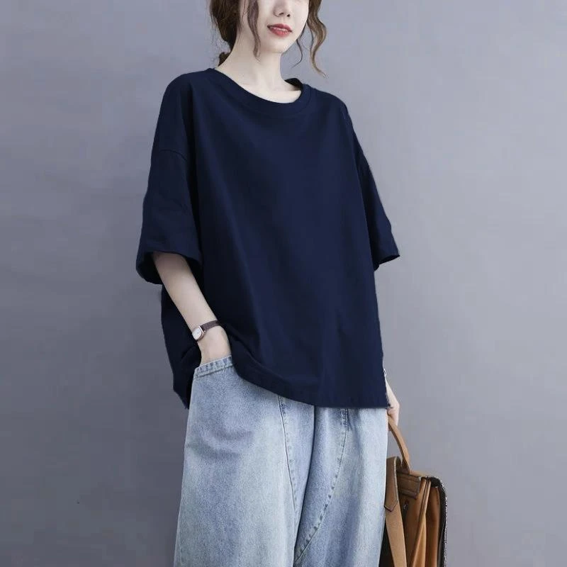 100%棉短袖T恤女夏季大码胖mm显瘦宽松休闲百搭纯色圆领半袖上衣T