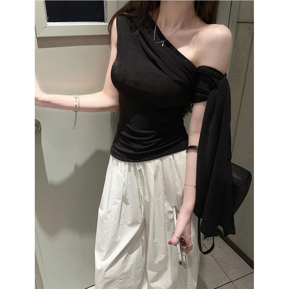 辣妹露肩绑带设计感小众上衣阔腿拖地裤2025夏季新款时尚两件套女