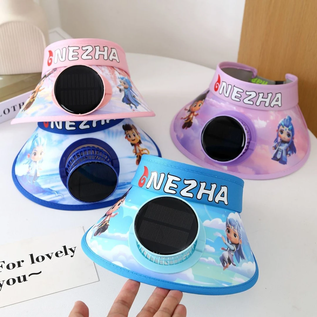 夏季儿童太阳能遮阳帽哪吒风扇空顶宝宝卡通防晒女童紫外线帽子