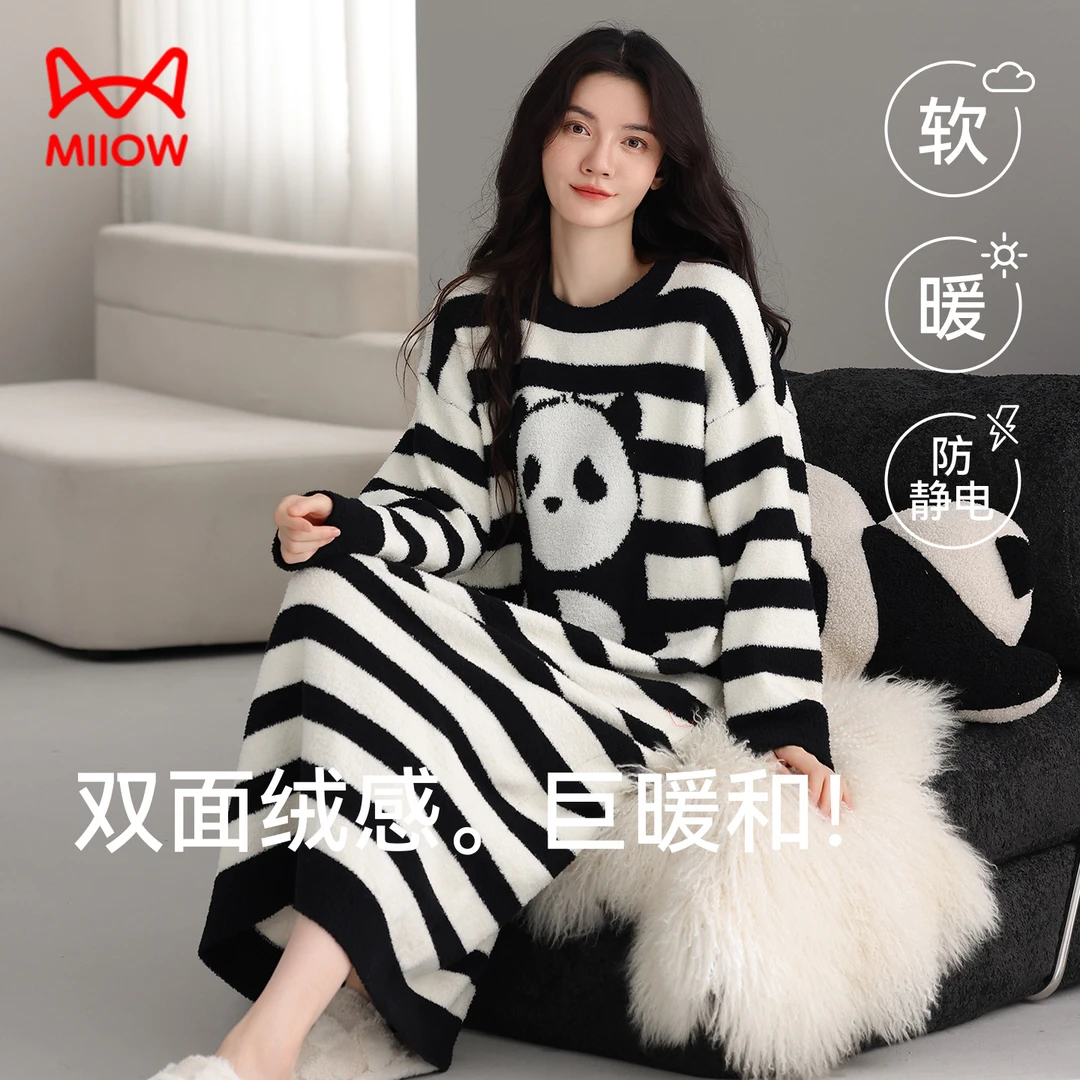 猫人冬季加厚加绒半边绒睡裙女长袖套头高颜值条纹睡衣保暖家居服