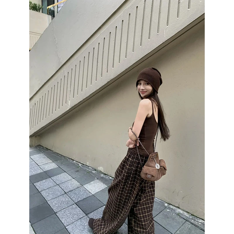 美拉德棕色系修身辣妹内搭吊带背心上衣女高腰宽松直筒格纹阔腿裤