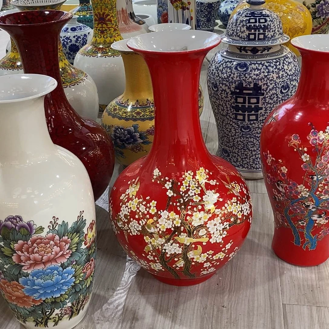 往***首陶摆件47cm红色喜上眉梢赏瓶