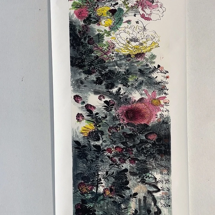 横款卢老师六尺对开花鸟