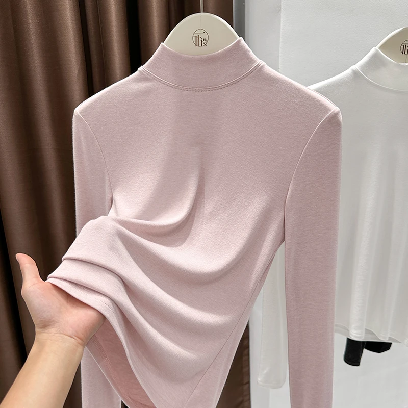 粉色软糯亲肤打底衫女初秋新款超好看小高领设计百搭长袖t恤上衣