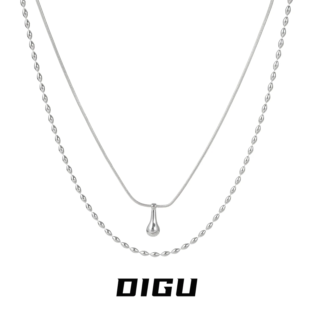 嘀咕家 铜合金项链 简约双层叠戴水滴吊坠项链气质金属锁骨链颈链