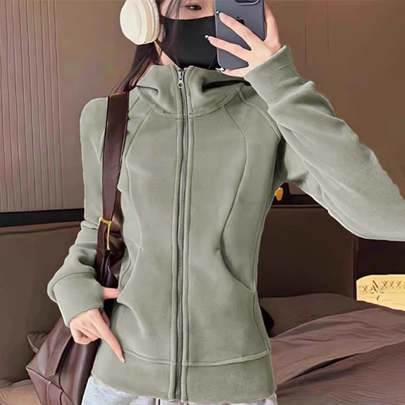 澳粒绒双面加厚卫衣短外套女连帽秋冬高领美式 双面奥粒绒克