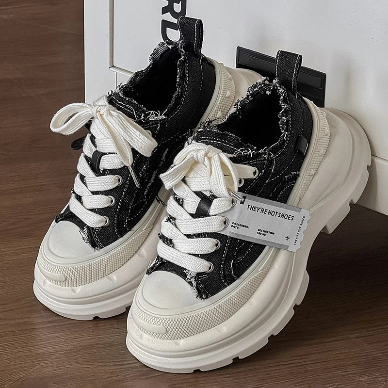 明星同款经典黑白配色低帮厚底帆布鞋男女款休闲百搭鞋子情侣潮鞋