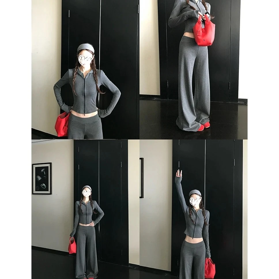 【超绝腰臀比】慵懒周末软糯条纹控入秋正肩连帽卫衣套装 #C995