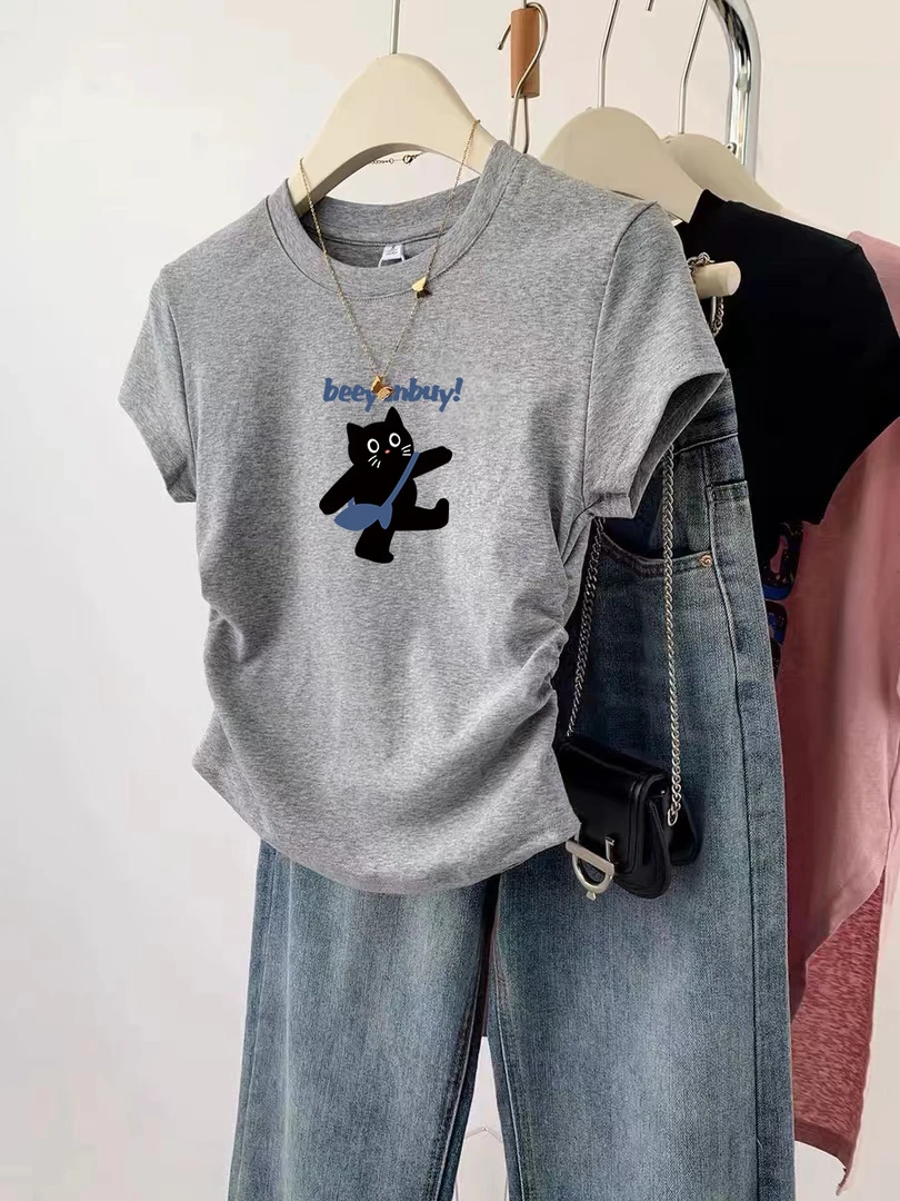 t恤女夏季2025新款爆款百搭修身显瘦T恤上衣短款灰色正肩短袖