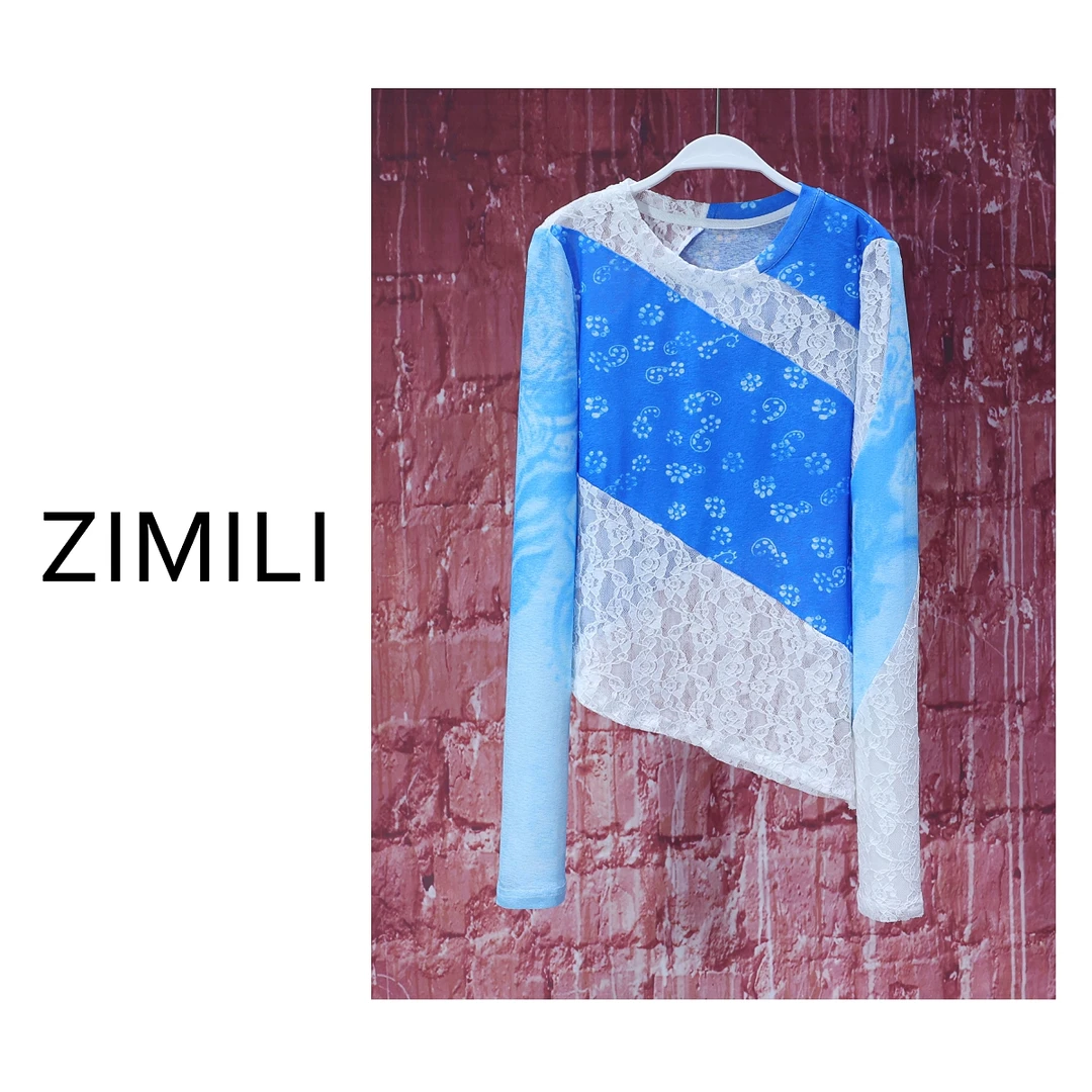 【亮哥女装】2025欧版新品小众蓝白拼接勾花蕾丝高弹网纱7150-K7