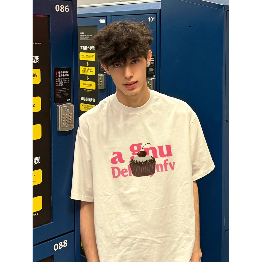 100%纯棉美式创意点心字母印花短袖T恤夏季男女百搭休闲情侣上衣