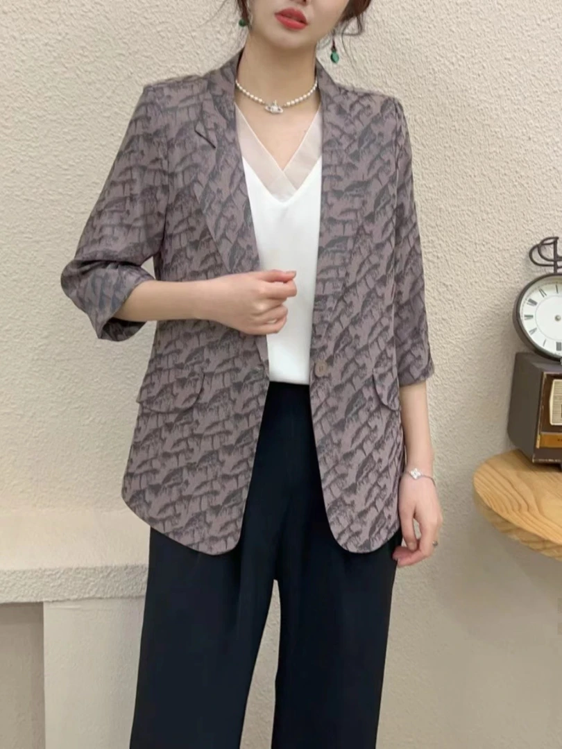 新款16067高级感印花显瘦七分袖休闲西装外套
