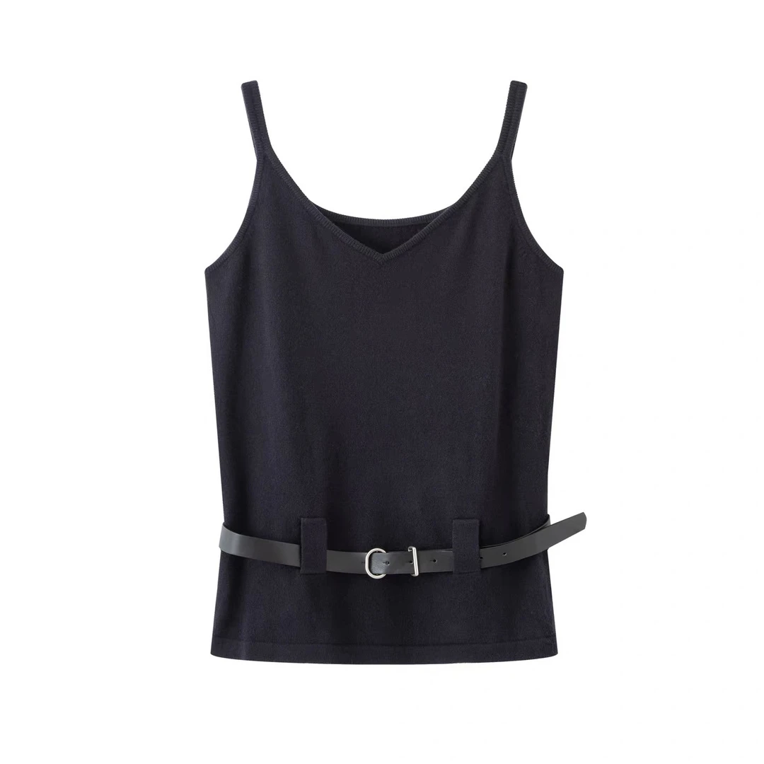 艾家商场同款薄款时尚轻奢风穿搭无毛针织衫背心含腰带针织4168