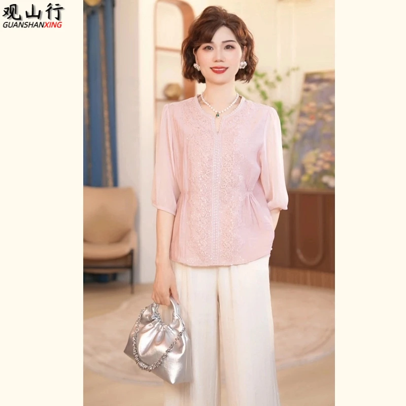 中年妈妈夏季套装2025新款洋气上衣服中老年女装两件套