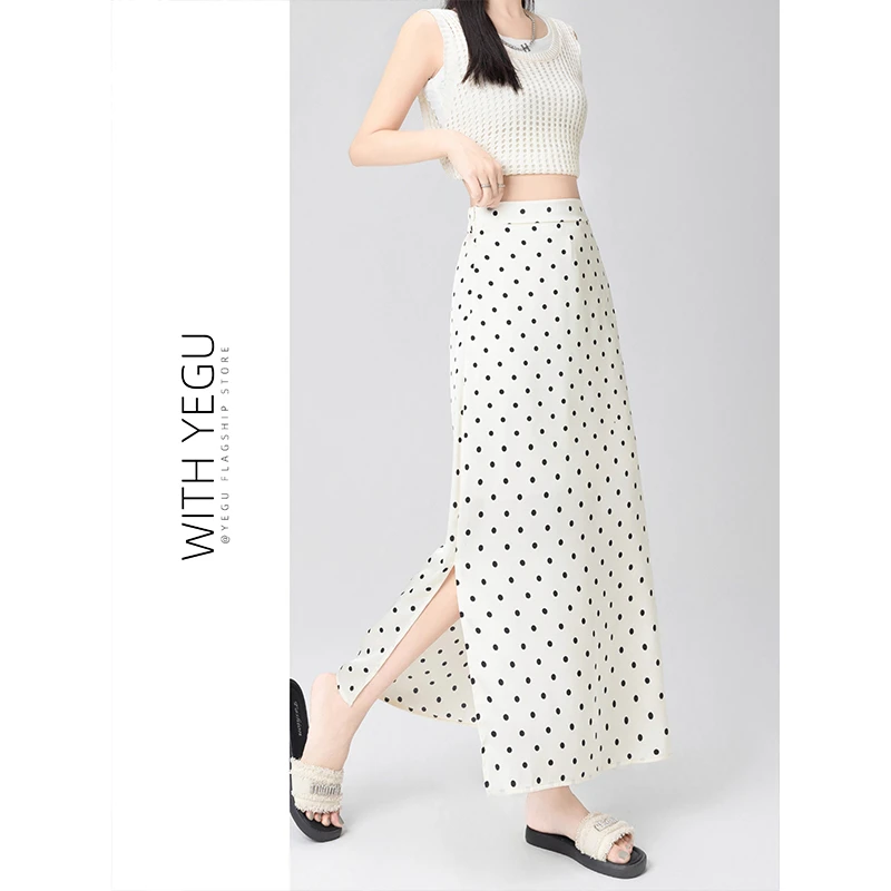 醋酸缎面波点半身裙女夏季薄款高腰a字包臀裙高级感侧开叉半身裙