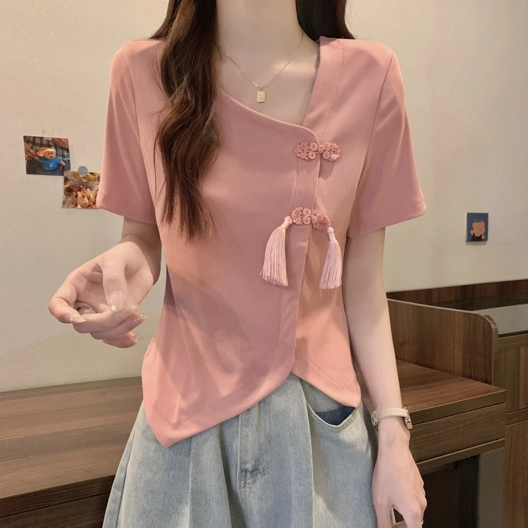 盘扣短袖T恤女夏季新款大码微胖MM遮肉显瘦设计感不规则小众上衣