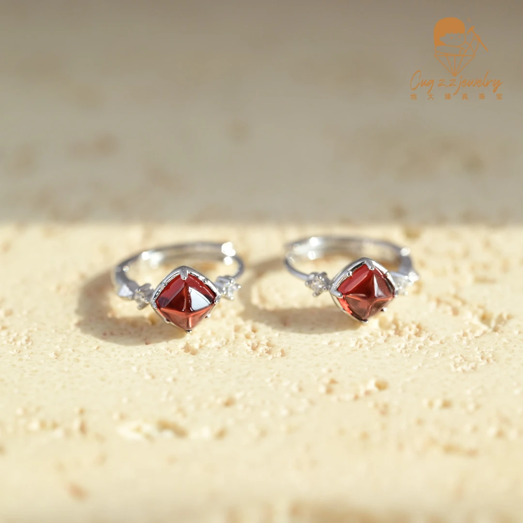 天然石榴石耳扣糖塔宝石耳饰天然925银礼物夏日百搭珠宝