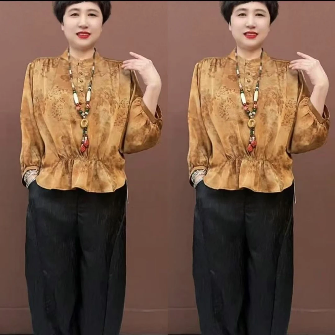 2025新款妈妈装春夏新中式半高领衬衫中老年女装收腰七分袖上衣